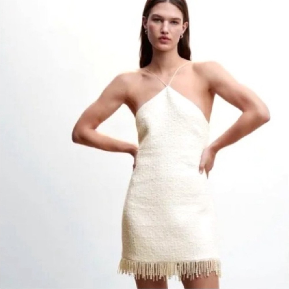 Mango Cream Halter Dress with Beaded Fringe